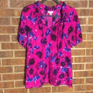 LOFT Bright Watercolor Floral Ruffle Neck  Blouse